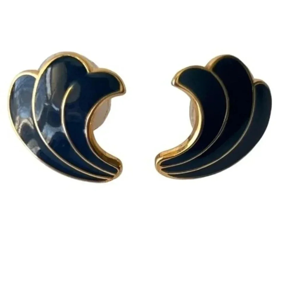 Vintage Blue Enamel Stud Earrings Gold Plated